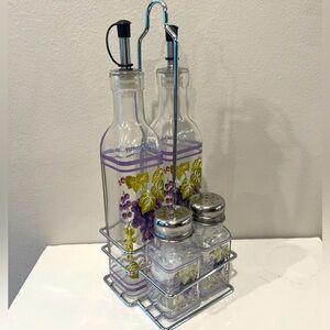 Salt & Pepper shakers, Oil and Vinegar Dispenser Set with Stainless Steel Holder